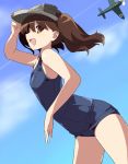  1girl airplane brown_eyes brown_hair chikuwa_(majihima) kantai_collection long_hair personification ryuujou_(kantai_collection) school_swimsuit swimsuit twintails visor visor_cap 