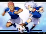  2boys adult ball fubuki_shirou inazuma_eleven_(series) inazuma_eleven_go inazuma_eleven_go_vs_danball_senki_w inazuma_legend_japan letterboxed male mizuhara_aki multiple_boys outside_of_border soccer_ball soccer_uniform someoka_ryuugo telstar 