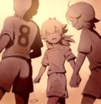  3boys inazuma_eleven_(series) inazuma_eleven_go izumi_kanaaki kidokawa_seishuu kishibe_taiga long_hair male mizuhara_aki monochrome multiple_boys open_mouth soccer_uniform solo_focus tobisawa_mana 