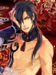  1boy black_hair dramatical_murder hair_over_one_eye hand_on_own_face koujaku male glasses_(artist) muscle ponytail red_eyes scar shirtless solo tattoo 