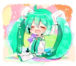  1girl ahoge artist_name chibi closed_eyes detached_sleeves fang green_hair hatsune_miku headset long_hair mami_(sweetcandy) open_mouth sitting skirt solo sparkle twintails very_long_hair vocaloid 