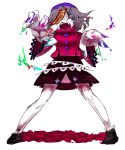 1girl blood fangs grey_hair hat highres jiangshi miyako_yoshika ofuda open_mouth outstretched_arms short_hair simple_background sisenshyo skirt solo stitches touhou violet_eyes white_background zombie_pose 