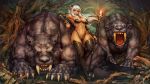  1girl animal breasts dark_elf_beastmaster dark_skin dragon&#039;s_crown elf highres pointy_ears shigatake thighhighs weapon white_hair 