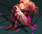  1girl aqua_eyes asukaziye blonde_hair blood boots breasts cleavage dangan_ronpa enoshima_junko hair_ornament knee_boots leg_hug long_hair nail_polish polearm school_uniform sitting skirt sleeves_rolled_up solo spear spoilers twintails weapon 