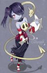  1girl bad_id bare_shoulders black_hair blue_skin blush breasts detached_collar detached_sleeves gomibox hair_over_one_eye leviathan_(skullgirls) long_hair long_skirt red_eyes side_ponytail skirt skull skullgirls smile solo squigly_(skullgirls) stitched_mouth striped striped_legwear striped_sleeves zombie 