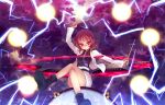  1girl boots crossed_legs drum drumsticks energy_ball glowing glowing_eyes grin horikawa_raiko instrument jacket lightning miruki necktie red_eyes redhead shirt sitting smile solo striped striped_shirt touhou 