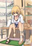  blonde_hair breasts cleavage coupe50 long_hair panties sitting translation_request underwear 