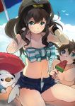  1boy 1girl bikini blue_eyes bow brown_hair denim denim_shorts front-tie_top hair_bow high_ponytail innertube long_hair looking_at_viewer onaramaru open_shorts oshawott parasol pokemon pokemon_(creature) pokemon_(game) pokemon_bw popsicle short_hair shorts sitting swimsuit touko_(pokemon) touya_(pokemon) umbrella wristband 