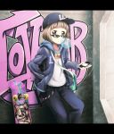  1girl bag brown_eyes brown_hair bubble_blowing bubblegum casual copyright_name earphones graffiti hand_in_pocket hat highres iphone jacket letterboxed looking_at_viewer love_lab phone short_hair shoulder_bag skateboard smartphone solo sunglasses tanahashi_suzune tom_(drpow) 