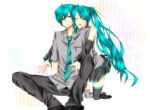  1boy 1girl aqua_eyes aqua_hair closed_eyes colored dual_persona female genderswap hatsune_miku hatsune_mikuo highres hug hug_from_behind jellylily long_hair male necktie open_mouth sitting skirt smile thighhighs twintails very_long_hair vocaloid 