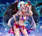  1girl adjusting_sunglasses bangle bikini bracelet clouds earrings fangs grey_hair hair_ornament hoop_earrings horns jewelry long_hair navel night night_sky ocean open_mouth original partially_submerged red_eyes sky solo star_(sky) sunglasses swimsuit watermark wings wink xwheel 