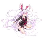  1girl absurdly_long_hair animal_ears jacket long_hair long_sleeves necktie open_mouth pink_eyes purple_hair rabbit_ears reisen_udongein_inaba shirt simple_background skirt solo squatting touhou toutenkou very_long_hair white_background 