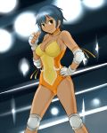  1girl blue_hair breasts brown_eyes cleavage dark_skin despina_libre elbow_pads fingerless_gloves gloves knee_pads leotard light sableye smile solo tanaka_rikimaru vest wrestle_angels wrestle_angels_survivor wrestle_angels_survivor_2 wrestling_outfit wrestling_ring 