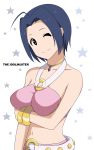  1girl ahoge belt blue_hair breast_hold breasts copyright_name highres idolmaster jewelry large_breasts miura_azusa necklace pink_diamond_765 red_eyes smile solo star tonotyama wink 