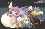  1girl blonde_hair breasts cleavage crossed_arms frown garchomp hair_ornament hair_over_one_eye highres lucario milotic pokemon pokemon_(creature) roserade shirona_(pokemon) souji spiritomb togetic very_long_hair yellow_eyes 