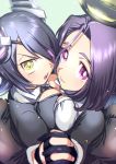  2girls :3 black_hair breast_press close-up eyepatch headgear holding_hands kantai_collection looking_at_viewer multiple_girls open_mouth personification purple_hair short_hair symmetrical_docking tatsuta_(kantai_collection) tenryuu_(kantai_collection) violet_eyes yan&#039;yo_(yan&#039;yan&#039;yo) yellow_eyes 