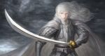  1boy androgynous armor berserk blue_eyes cape full_armor griffith highres long_hair looking_at_viewer realistic silver_hair solo sword weapon white_hair 