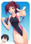  1boy 1girl bare_shoulders breath clothed_navel colorful314 free! highres matsuoka_gou nanase_haruka_(free!) navel one-piece_swimsuit pointing swimsuit thighs 