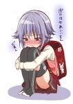  1girl backpack bag blush brown_eyes child idolmaster idolmaster_cinderella_girls koshimizu_sachiko leg_hug purple_hair randoseru short_hair sitting sketch skirt solo tears thighhighs young 