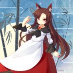  1girl animal_ears bamboo blueberry_(5959) brown_hair claws dress egasumi highres imaizumi_kagerou long_hair looking_at_viewer red_eyes smile solo touhou wolf_ears 
