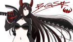  1girl bikini_top black_gold_saw black_hair black_rock_shooter horns julius_yu long_hair red_eyes solo sword weapon 