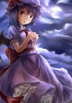  1girl ascot bat_wings clouds cloudy_sky dress full hat hat_ribbon interlocked_fingers looking_at_viewer mob_cap moon moonlight night night_sky open_mouth petticoat pink_dress puffy_sleeves red_eyes remilia_scarlet ribbon sash short_sleeves sky solo touhou wings yoi_(tokoyoi) 