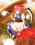  1girl boat braid flower ghost hair_bobbles hair_ornament highres onozuka_komachi red_eyes redhead scythe solo spider_lily tamagogayu1998 touhou twin_braids 