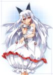  1girl albino bubble_skirt cuffs dress earrings grey_sclera hand_on_own_cheek highres horns jewelry long_hair manacles phantom_kingdom pointy_ears pram red_eyes roura smile solo white_dress white_hair wings 