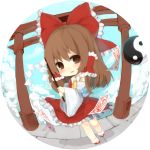  af-helen blush brown_eyes brown_hair chibi clouds detached_sleeves gohei hair_ribbon hair_tubes hakurei_reimu japanese_clothes long_hair miko necktie ofuda ribbon skirt sky smile torii touhou yin_yang 