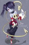  1girl bare_shoulders black_hair blue_skin blush breasts detached_collar detached_sleeves gomibox hair_over_one_eye leviathan_(skullgirls) long_hair long_skirt red_eyes revision side_ponytail skirt skull skullgirls smile solo squigly_(skullgirls) stitched_mouth striped striped_legwear striped_sleeves zombie 