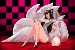  1girl ahri animal_ears black_hair breasts checkered checkered_background cleavage energy_ball fox_ears fox_tail girls&#039;_generation goomrrat hat high_heels league_of_legends long_hair military military_uniform multiple_tails sitting slit_pupils solo tail uniform yellow_eyes 