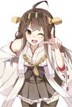  1girl ahoge brown_hair detached_sleeves hairband hajime_(kinyou_club) headgear japanese_clothes kantai_collection kongou_(kantai_collection) long_hair open_mouth personification pointing pointing_at_viewer solo thighhighs white_background wide_sleeves wink 
