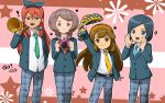  4girls blue_eyes blue_hair brown_eyes brown_hair camera green_eyes inazuma_eleven_(series) inazuma_eleven_go inazuma_eleven_go_chrono_stone long_hair mizuhara_aki multiple_girls nanobana_kinako necktie open_mouth redhead seto_midori sorano_aoi unmoving_pattern violet_eyes yamana_akane 