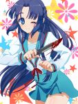  1girl asakura_ryouko blood blue_eyes blue_hair highres knife long_hair school_uniform smile solo suzumiya_haruhi_no_yuuutsu tomatomikan wink 