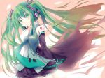  1girl boots detached_sleeves floating_hair green_eyes green_hair hatsune_miku headset hizaka long_hair necktie skirt solo thigh-highs thigh_boots twintails very_long_hair vocaloid 