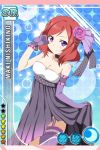  1girl breasts cleavage dress dress_lift flower gloves love_live!_school_idol_project nishikino_maki official_art purple_eyes red_hair short_hair smile solo thighhighs 