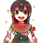  1girl akagi_(kantai_collection) brown_eyes brown_hair food fruit heart heart-shaped_pupils japanese_clothes kantai_collection long_hair muneate open_mouth personification ringetsumon smile solo sparkle symbol-shaped_pupils watermelon 