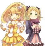  2girls blonde_hair blush cure_peace double_v dress elise_lutus jacket kise_yayoi long_hair magical_girl monster multiple_girls open_mouth ponytail precure short_hair skirt smile smile_precure! tales_of_(series) tales_of_xillia tales_of_xillia_2 teepo tiara tipo_(xillia) twintails v yellow_eyes 