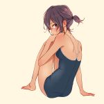  1girl back barefoot competition_school_swimsuit highres looking_back one-piece_swimsuit original purple_hair short_hair short_ponytail simple_background sitting solo swimsuit teti violet_eyes 