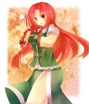  1girl braid chinese_clothes clenched_hand hong_meiling long_hair red_eyes redhead solo tamagogayu1998 thighs touhou twin_braids 