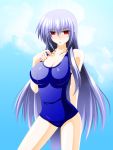  1girl blue_hair blue_swimsuit breasts cleavage engo_(aquawatery) kamishirasawa_keine long_hair no_hat red_eyes ribbon school_swimsuit silver_hair solo swimsuit touhou 