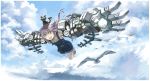  1girl bird cat clouds flying imoman looking_at_viewer mechanical_arm original outstretched_arms overalls sandals sky solo spread_arms 