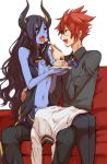 bare_shoulders black_hair black_sclera blue_skin blush breasts cake fang flootier folth food fork horns long_hair navel open_mouth pointy_ears red_eyes redhead sitting sitting_on_lap sitting_on_person summon_night summon_night_5 yanagida_fumita 