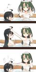  2girls ? ahoge bathing black_hair comic green_eyes green_hair kantai_collection long_hair multiple_girls partially_submerged personification pushing ringetsumon smile speed_lines towel towel_on_head twintails ushio_(kantai_collection) water zuikaku_(kantai_collection) 