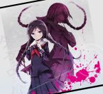  1girl blood blood_splatter braid crazy_smile dangan_ronpa dual_persona dual_wielding fukawa_touko glasses long_hair long_sleeves long_tongue looking_at_viewer neckerchief nyanya purple_hair school_uniform scissors serafuku solo tongue tongue_out twin_braids very_long_hair violet_eyes 