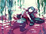  2girls animal_ears blood blue_eyes blue_hair bow hair_bow head_fins japanese_clothes long_sleeves luckyia mermaid monster_girl multiple_girls obi redhead sekibanki short_hair tears touhou wakasagihime water wide_sleeves 