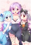 3girls :d akari_(fantasista_doll) alfred blue_eyes blue_hair bow breasts cleavage collarbone dress fantasista_doll glasses grey_hair hair_bow hair_bun hair_ornament height_difference highres katia_(fantasista_doll) large_breasts long_hair looking_at_viewer madeleine_(fantasista_doll) multiple_girls open_mouth purple_hair red_eyes size_difference smile stuffed_animal stuffed_toy teddy_bear very_long_hair violet_eyes 