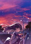  1girl absurdres bag closed_eyes dress evening headphones highres huge_filesize long_hair misaki_kurehito original purple_hair ribbon school_bag school_uniform sky sunset 