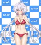  1girl ahoge bikini blush bow breasts cleavage front-tie_top hair_bow highres long_hair navel purple_hair senki_zesshou_symphogear side-tie_bikini simple_background solo swimsuit underwear violet_eyes yukine_chris 