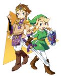  1boy 1girl blonde_hair blue_eyes braid brown_hair earrings female genderswap gloves hat jewelry link long_hair male pointy_ears princess_zelda shield smile suyeda sword the_legend_of_zelda twilight_princess twin_braids weapon 